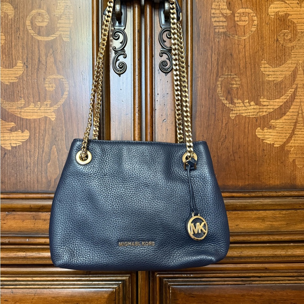 Michael Kors Navy Pebbled Leather Shoulder Bag with Gold Chain